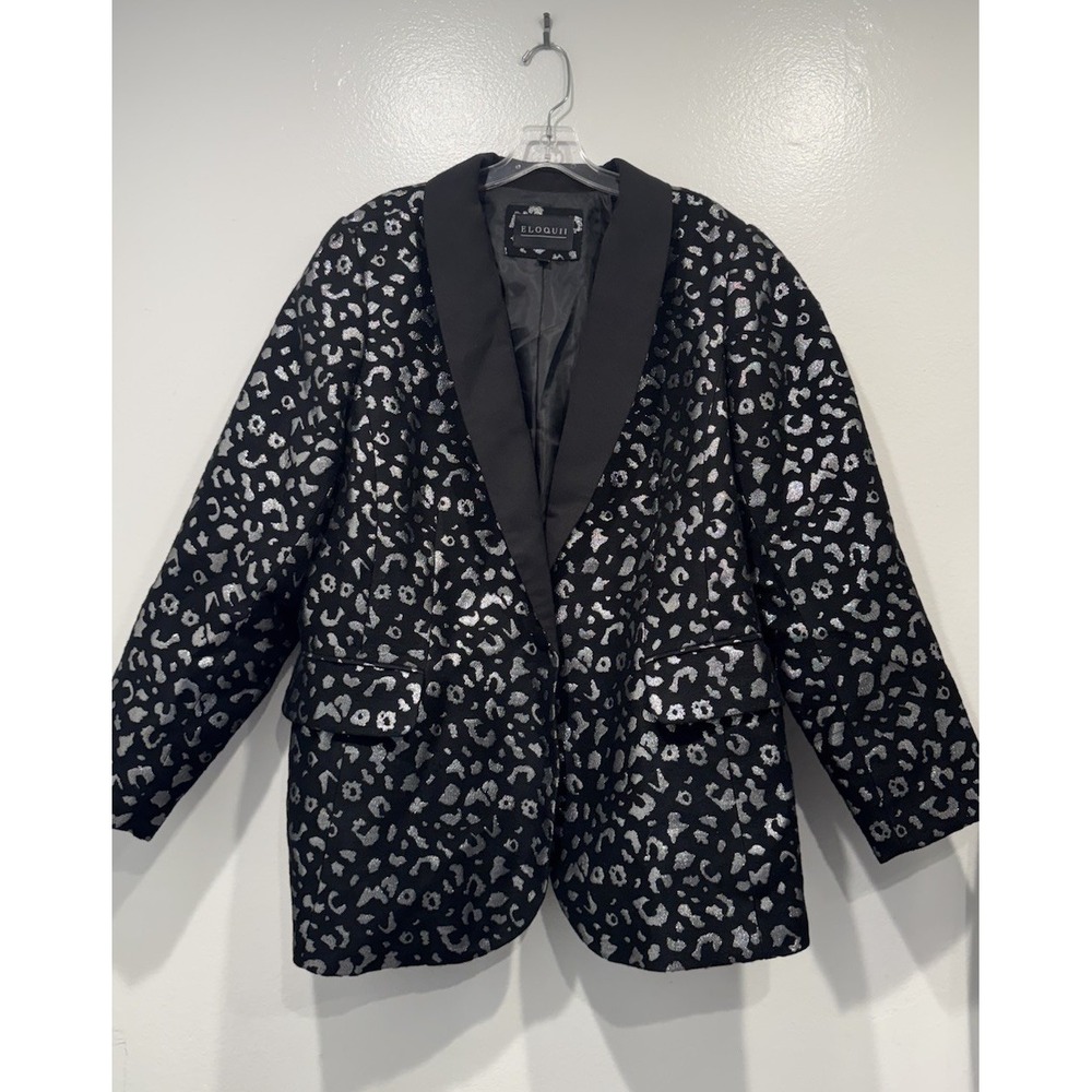 Eloquii Leopard Print Blazer Plus Size 22 Black Silver Holiday Classic Glam Chic
